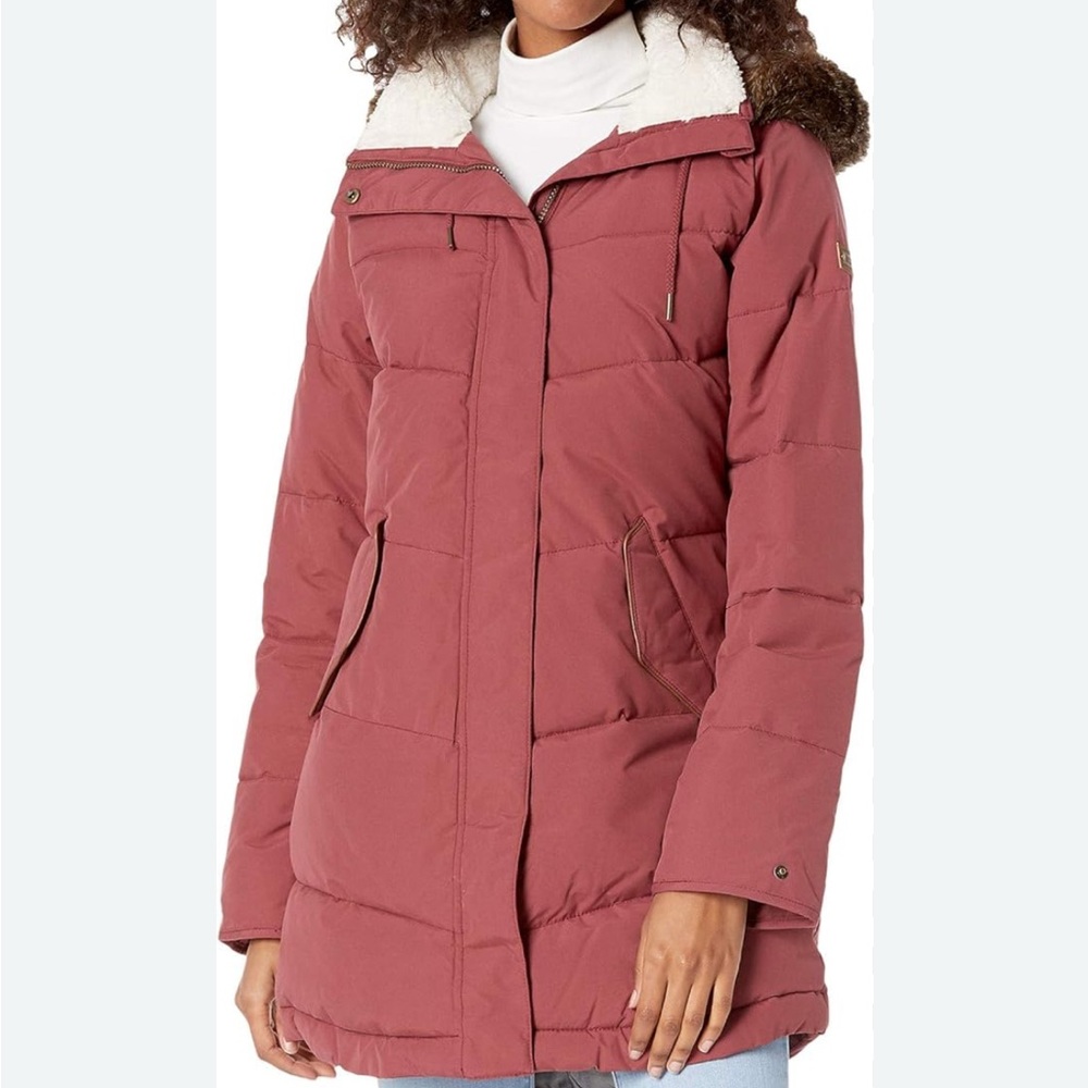 Roxy Dusty Rose Puffer Jacket with Faux Fur Trim